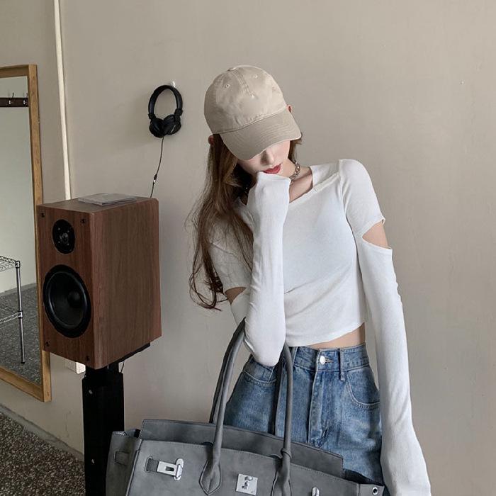 

Женский облегающий повседневный топ с длинными рукавами — однотонный и универсальный, с круглым вырезом и ажурной отделкой XL белый