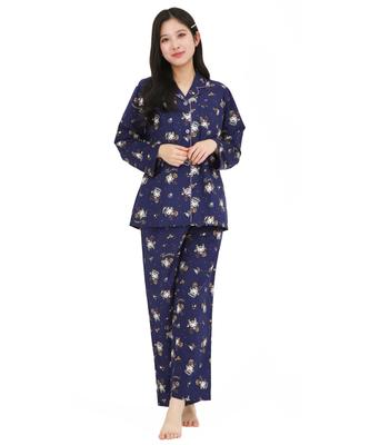 SAZAC Kuromi Hemd Baumwolle Langarm und Hose Loungewear Pyjama, 100% Popeline, Damen Set, (Marine/L/SAN1902)
