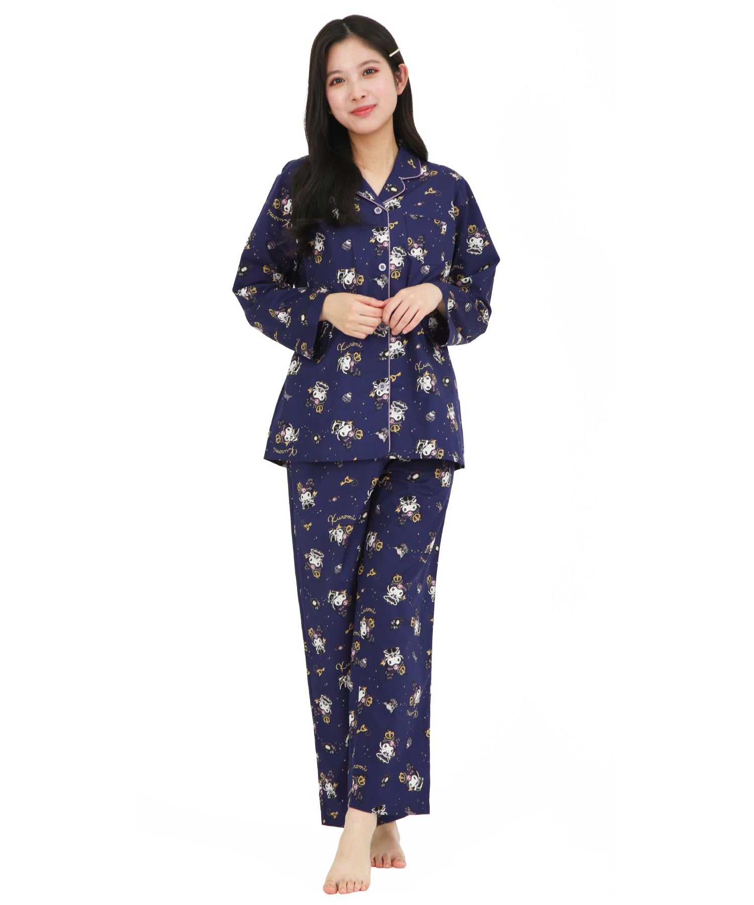

SAZAC Kuromi Shirt Cotton Long Sleeve and Pants Loungewear Pajamas, 100% Broadcloth, Women s Set, (Navy/L/SAN1902)