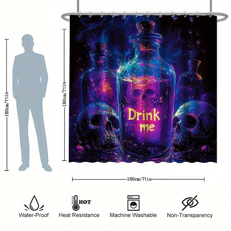 Fantasy Skull Shower Curtain Set - Gothic Potion And Skull Design, Polyester, Non-Slip Bath Mat, Toilet Seat Cover, U-Shaped Rug