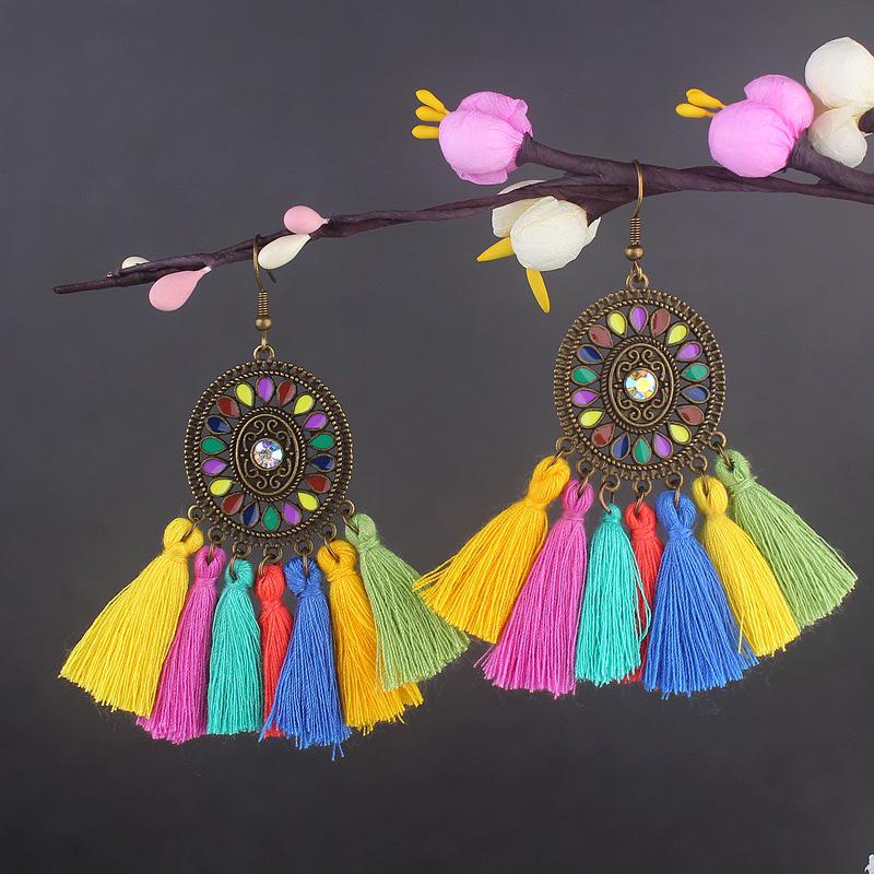 Bohemian Turquoise Owl Dream Catcher Tassel Earrings for Women