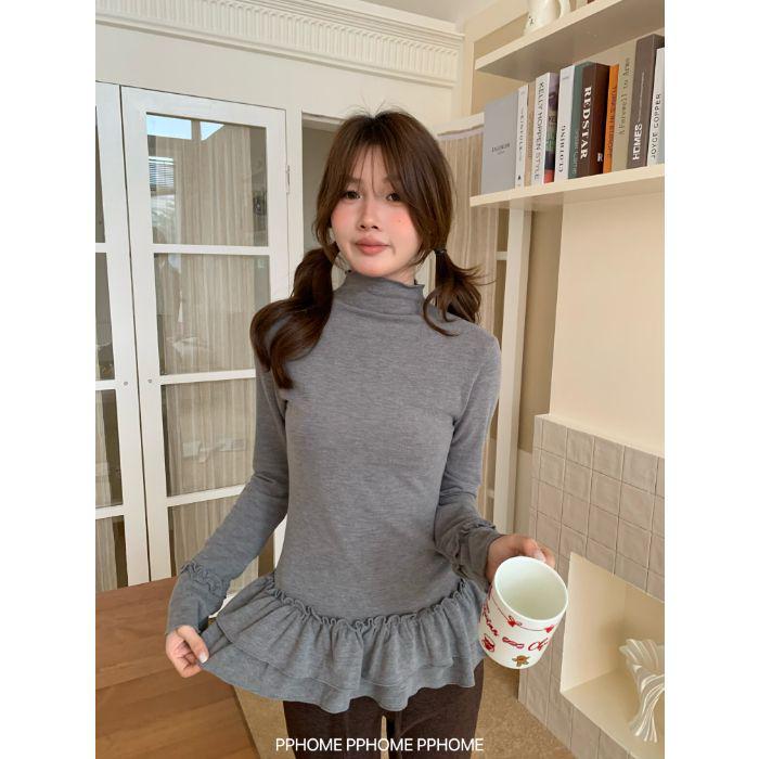 Lace-Trimmed High Neck Base Layer Top for Women Medium серый