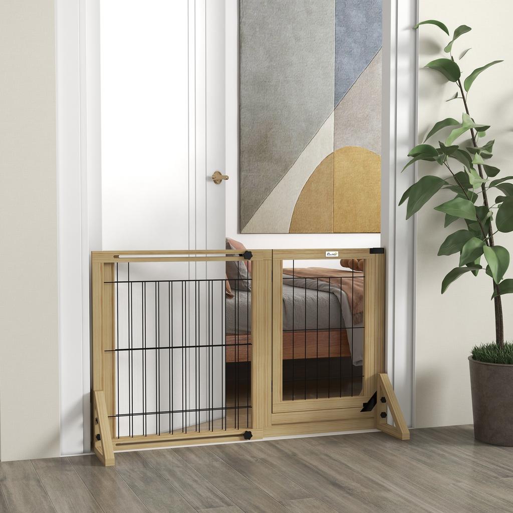 Extendable Dog Gate with Door and 2 Panels, Triangular Feet, 112-159x70 Cm, Natural Wood