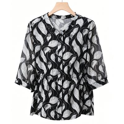Women's Plus Size Floral Print Blouse, 3/4 Sleeve V Neck Chiffon Shirt for Middle-Aged Women