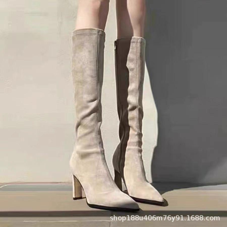 2025 autumn and winter new French temperament apricot suede elastic thin boots but knee knight high boots thick heel