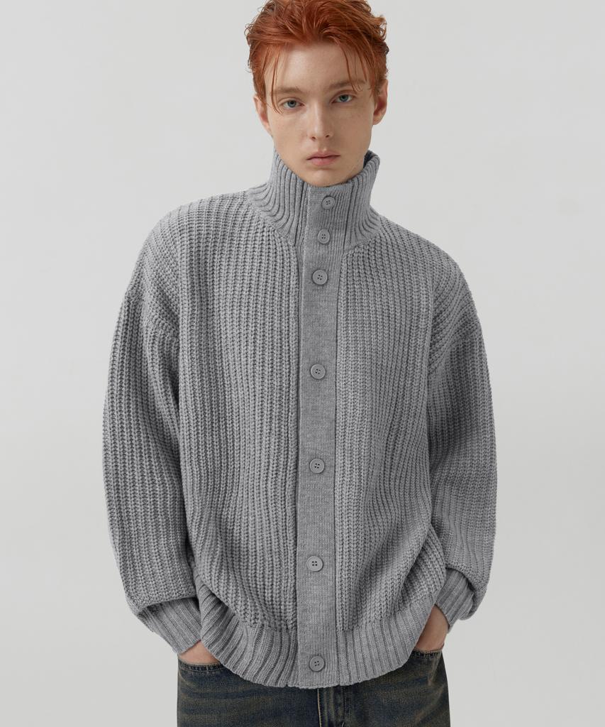 Trillion Washable High-Neck Button-Up Collar Cardigan Knit (Melange Gray)