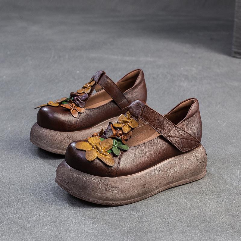 

Туфли Johnature Retro с круглым носком и толстой подошвой, женские туфли на плоской платформе с цветочным узором из натуральной кожи 40 кофейный