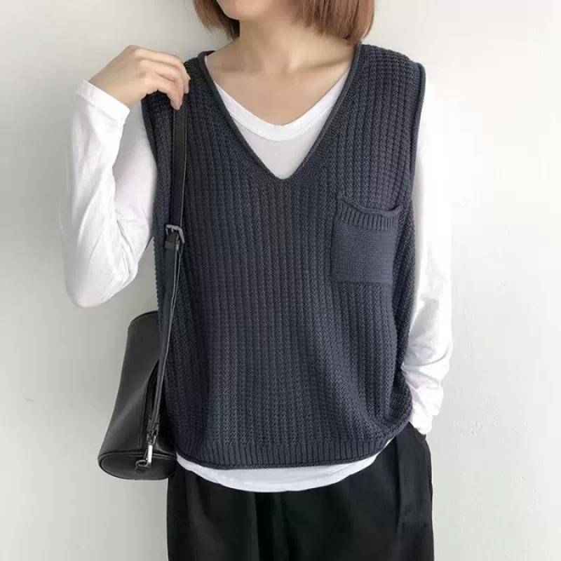 Spring and Autumn Women's Solid Color V-neck Artistic Knitted Vest Plus Size Sweater Vest