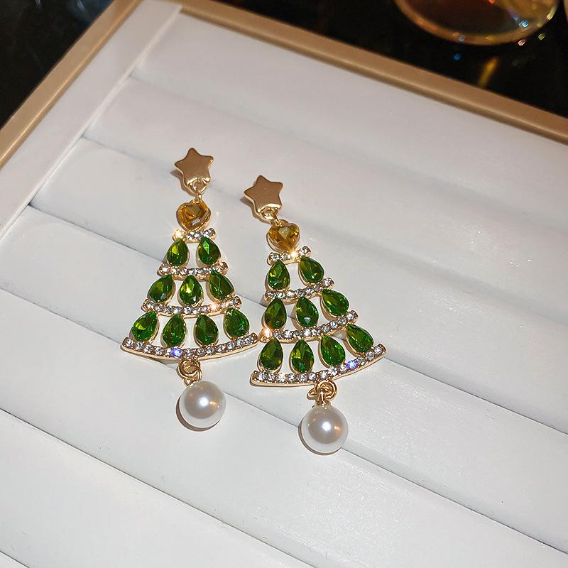 Star-studded Christmas tree imitation pearl fringed silver needle earrings fashion light luxury temperament earrings