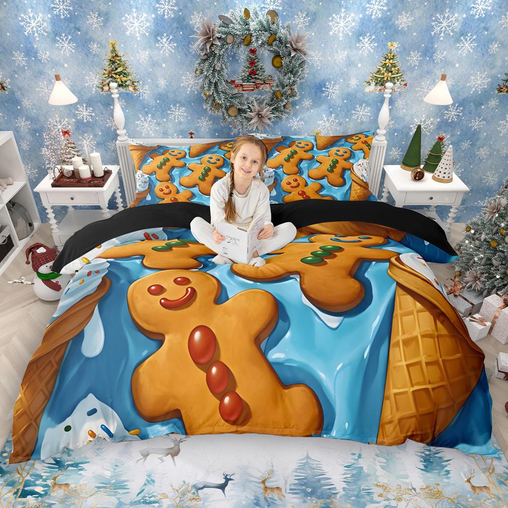 Homewish Kids Merry Christmas Duvet Cover Set 2pcs/3pcs, Gingerbread Xmas Tree Bedding Set, Cute Snowman Snowflake Quilt Cover