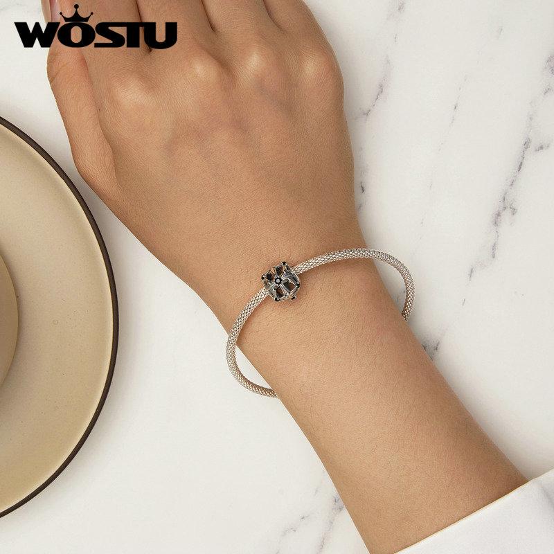 WOSTU 925 Silver Retro Coiled Snake Workship Charm Hollow Cross Butterfly Silicone Bead Fit Bracelet DIY Gift