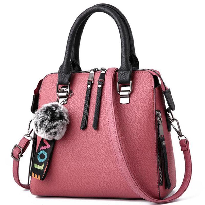 PU Leather Women Messenger Bag Fur Ball Crossbody Flap Bag Female Shoulder Bag Solid Color Handbags