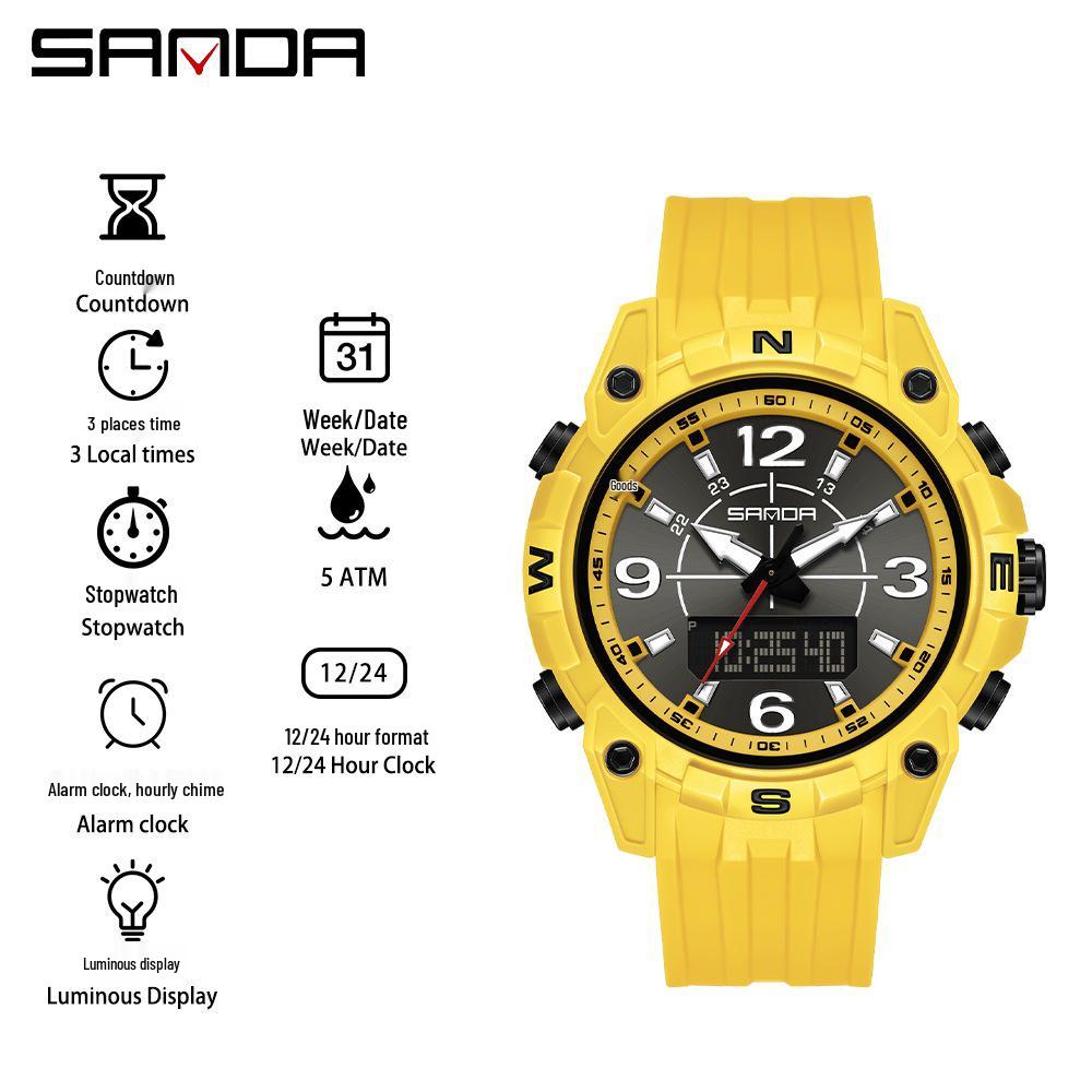 Sanda Men's Multifunctional Waterproof Sports Watch with Dual Display and Snooze Alarm
