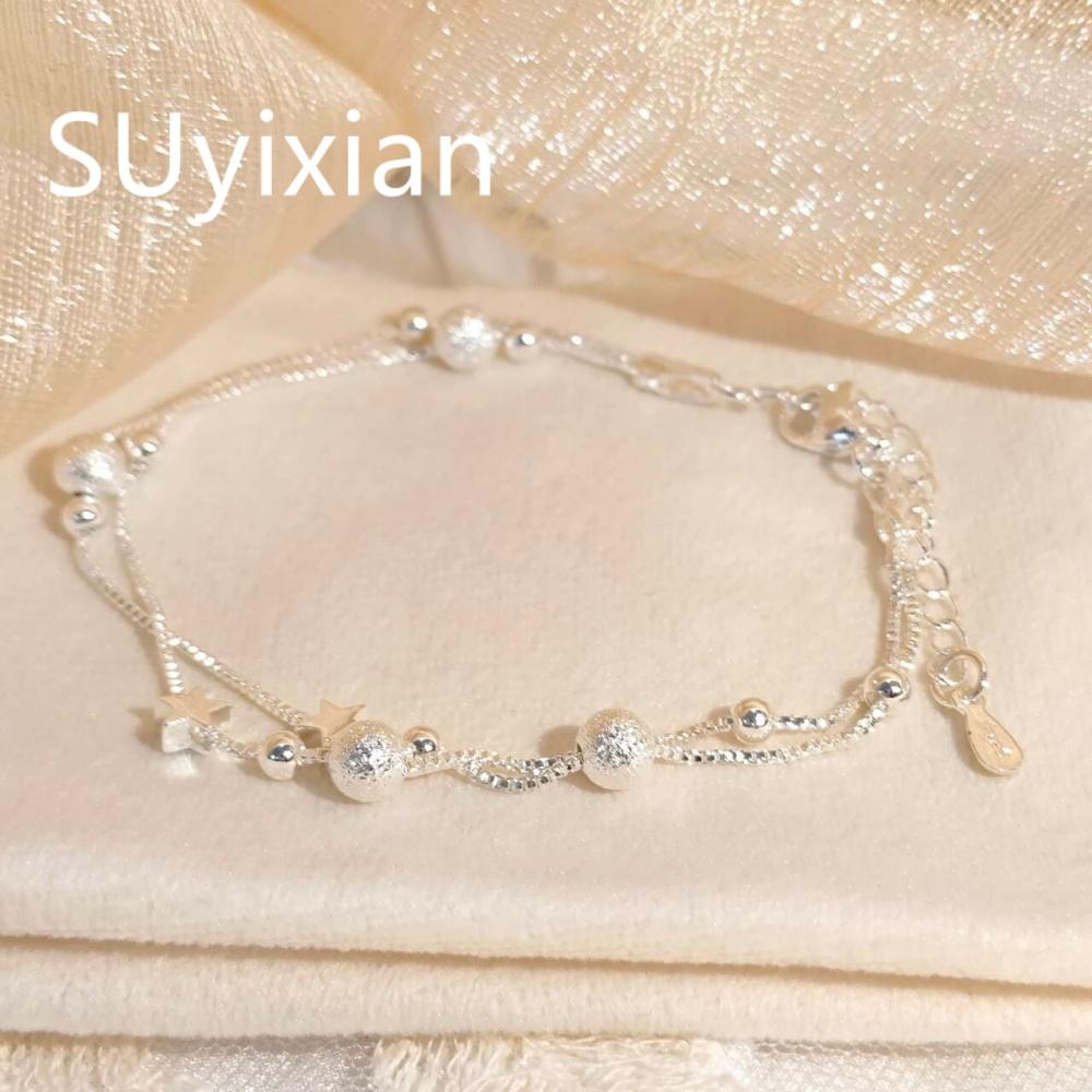 925 Sterling Silver Fashion Light Luxury Double Layer Star Frosted Bead Bracelet Birthday Party Anniversary Gift