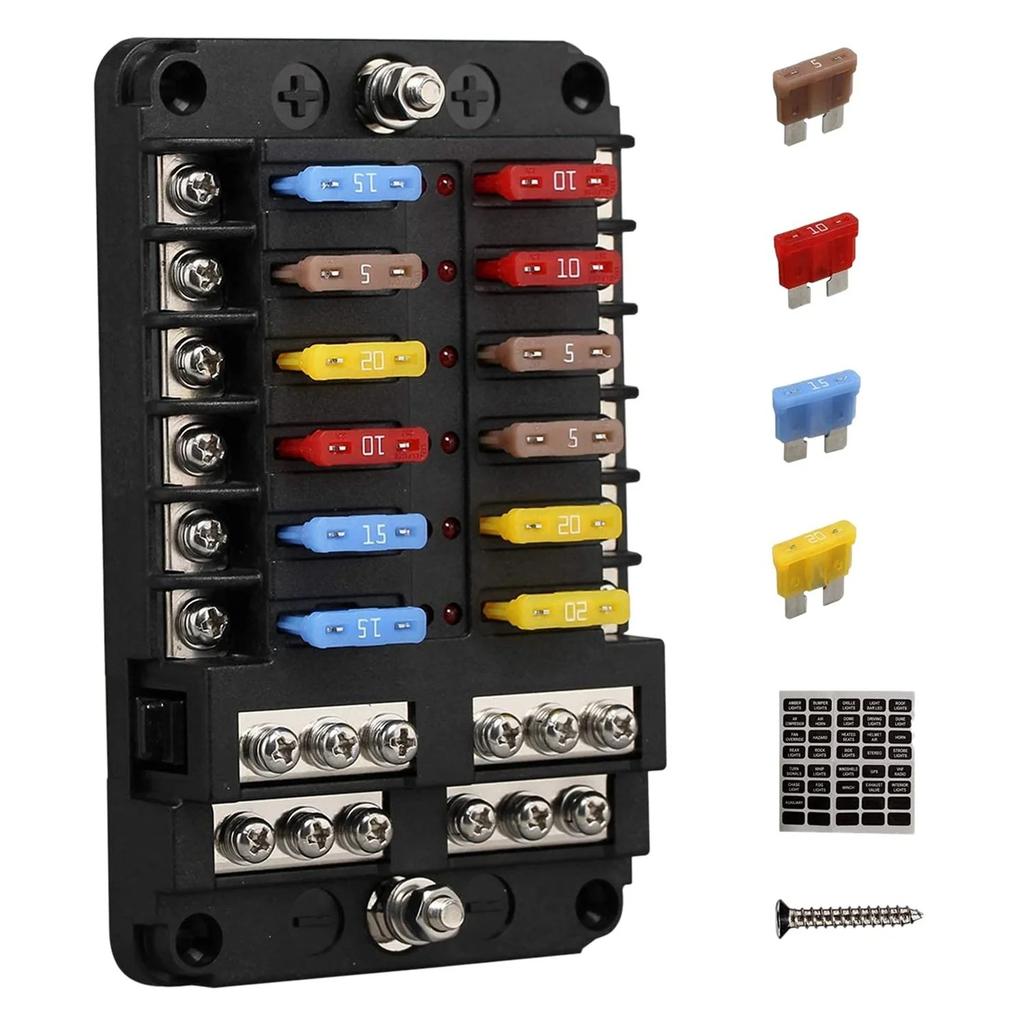 12V 12 Way Marine Fuse Block Panel with Ground & Volt Box for Car Automotive Boat RV RZR