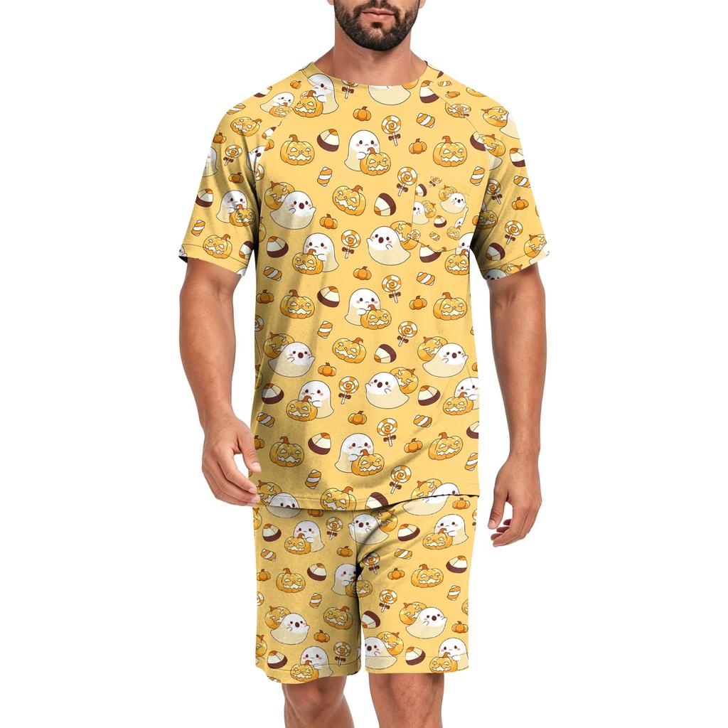 Men's Halloween Casual Pajama Set Short Sleeve Top and Shorts Comfortable Homewear Two Piece Lounge Set for Relaxation