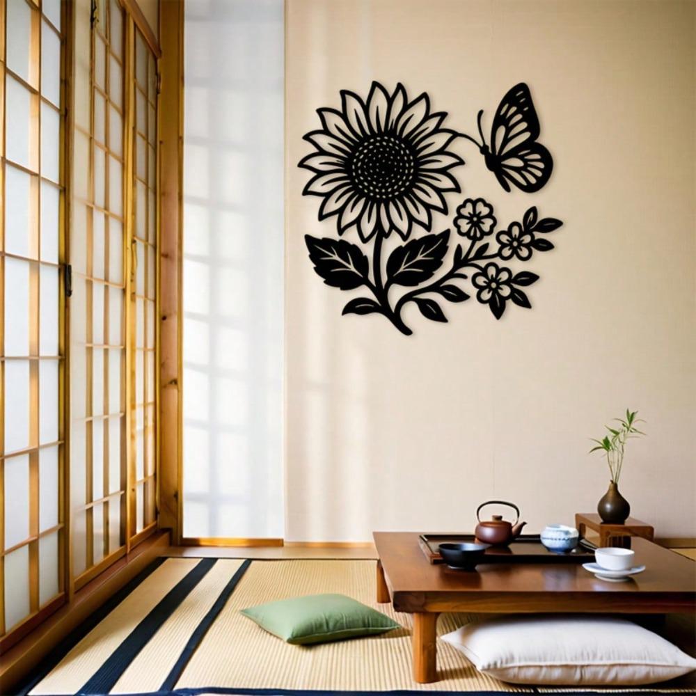 Metal Wall Art Sunflower Butterfly Iron Plaque Rope Hook Home Garden Decor