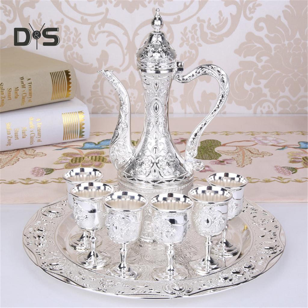 SW 8 Teile/satz Retro Zink-legierung Wein Tasse Wasserkocher Tablett Kit Hause Hochzeit Decor Container
