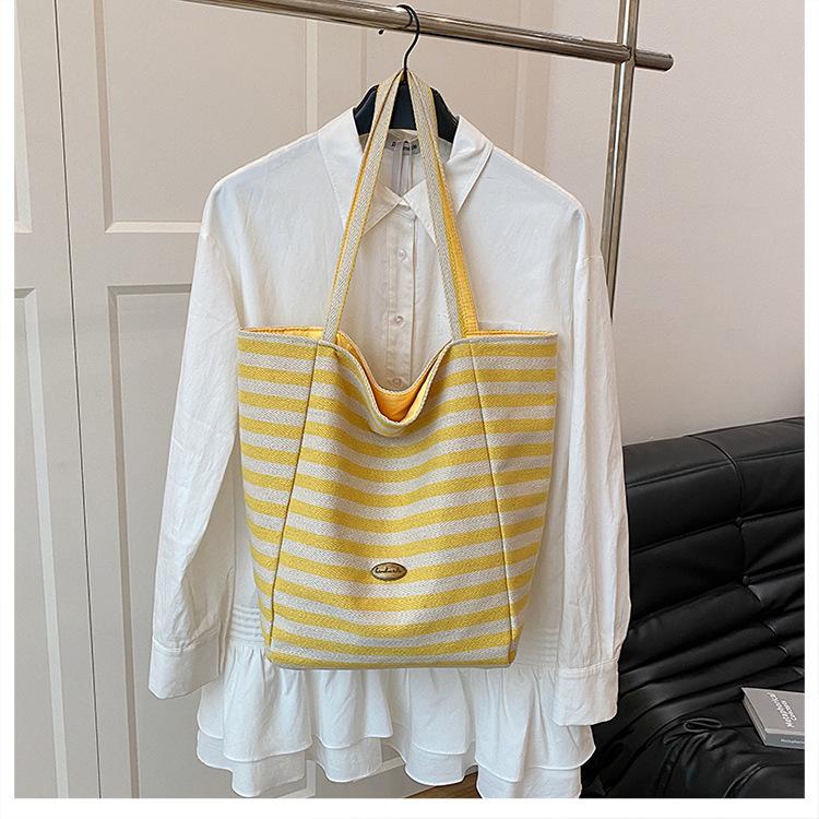 Striped Canvas Double-sided Usable Bag, Tote Bag, Casual Shoulder Bag, Large Capacity Shopping Bag