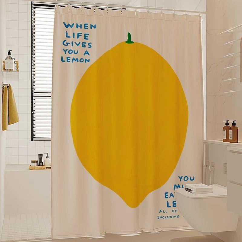 Cute Lemon Shower Curtain Waterproof Mildew-Proof Set No-Drill Bathroom Partition Door Curtain Fabric Shower Room