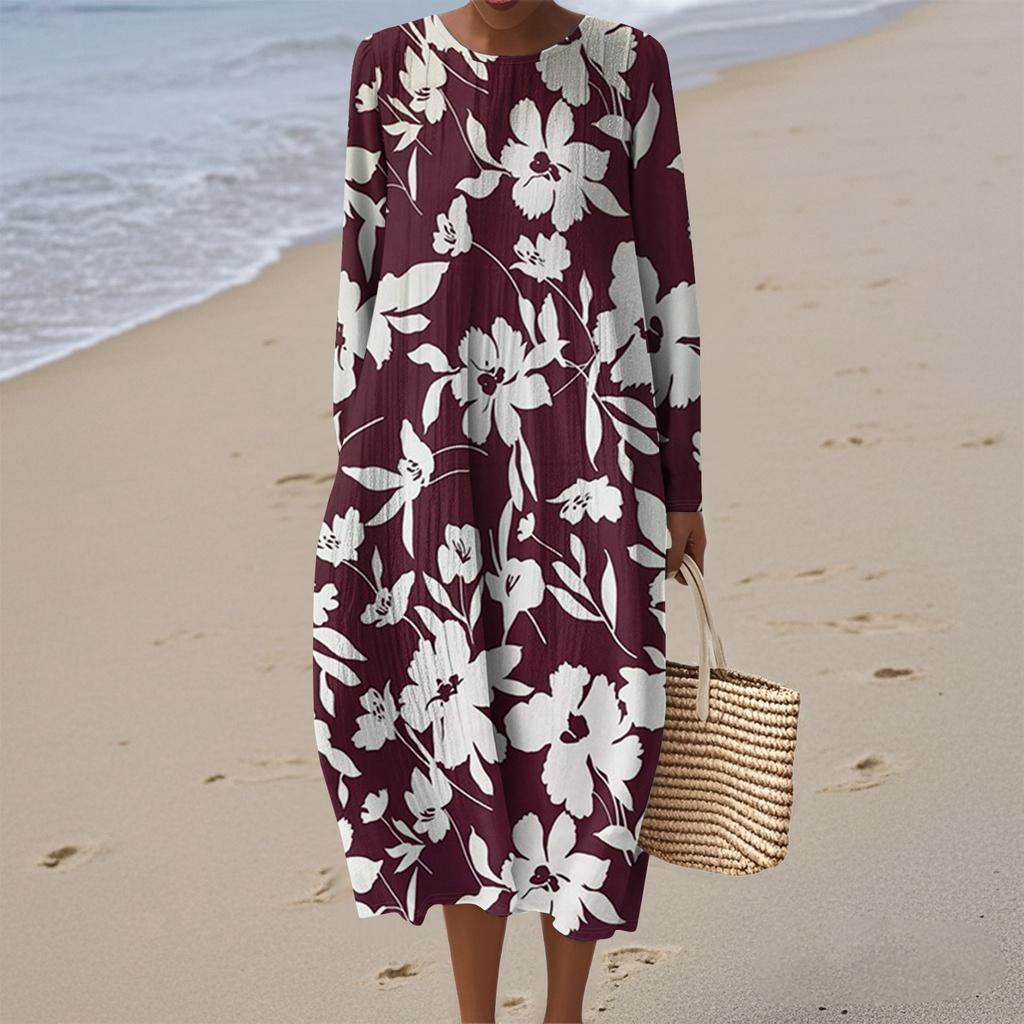 Women's Fashionable Casual Long-Sleeved Round Neck Floral Print Zipper Dress