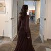 Women's new French high-end retro style brown V-neck long-sleeved waist wide pendulum temperament dress