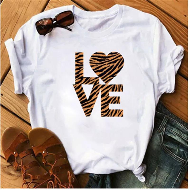 OUnisexs Shortsleeved Tshirt Fashionable Leopard Print Heart Print Base Shirt Women Clothes Graphic T Shirts