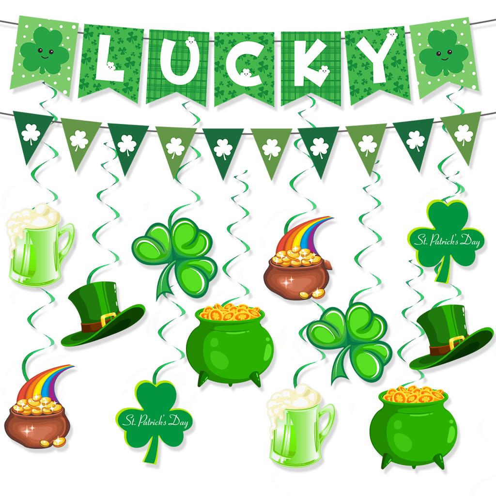 26 Irish Day Party Decoration St. Patrick'S Day Shamrock Flag Latte Spiral Set