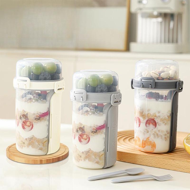 Portable Double-layer Salad Cup, Breakfast with Sealed and Leak-proof Plastic Cup, Student Lunch Box with Spoon and Lid