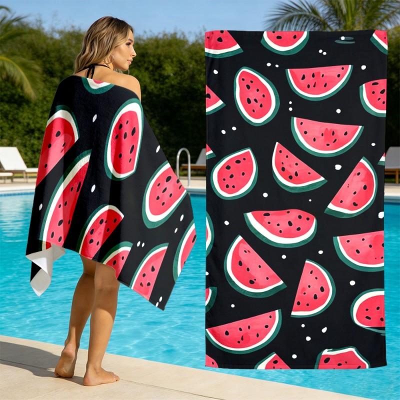 Schwarzer Hintergrund Wassermelonenscheibe Punkte Ganzkörpermuster Druck Mikrofaser Schnelltrocknend Strandtuch Süßes Sommerfrucht Pool Handtuch