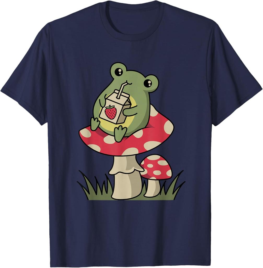 Cottagecore Frog Drinking Strawberry Milk Mushroom Graphic Tee Soft Casual Cotton T-Shirt for Unisex