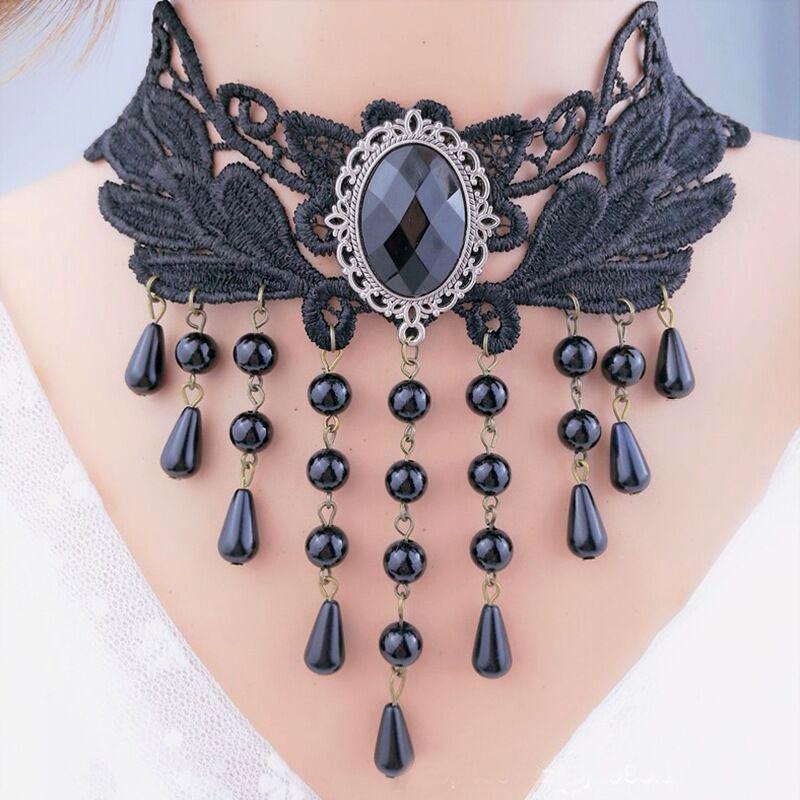 Women Party Necklace Hollow Out Lace Faux Pearl Decor Tassel Prom Cosplay Halloween Carnival Choker Wedding Performance Neck Jewelry
