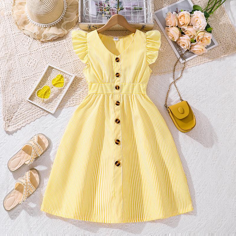 2025 Girls' Summer Striped Princess Dress with Fly Sleeves