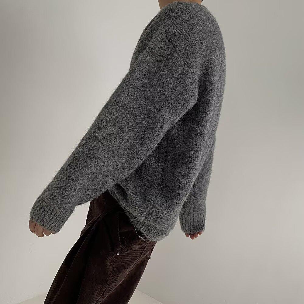 Mohair Knitted Sweater Men's Autumn Korean Trend Casual Lazy Style Pullover Sweater Loose Crew Neck Top
