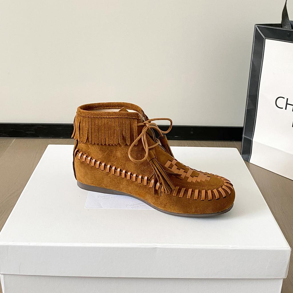 High-end Autumn and Winter New Martin Boots Round Head Retro Flat Bottom Strap Low Tube Versatile Breathable Soft Bottom Fringed Boots