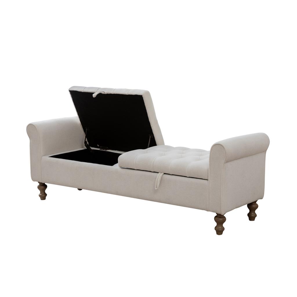 Modern Bench with 2 Lids, Velour Footstool with Rolled Armrests, As Daybed, Rubberwood Legs, for Living Room, Hallway, Bedroom, Color: Beige
