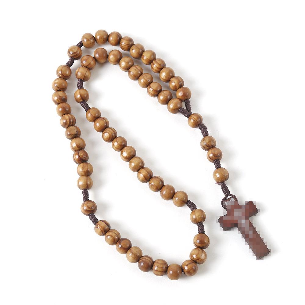 Handmade Natural Wood Bead Rosary with Cross  European American Design