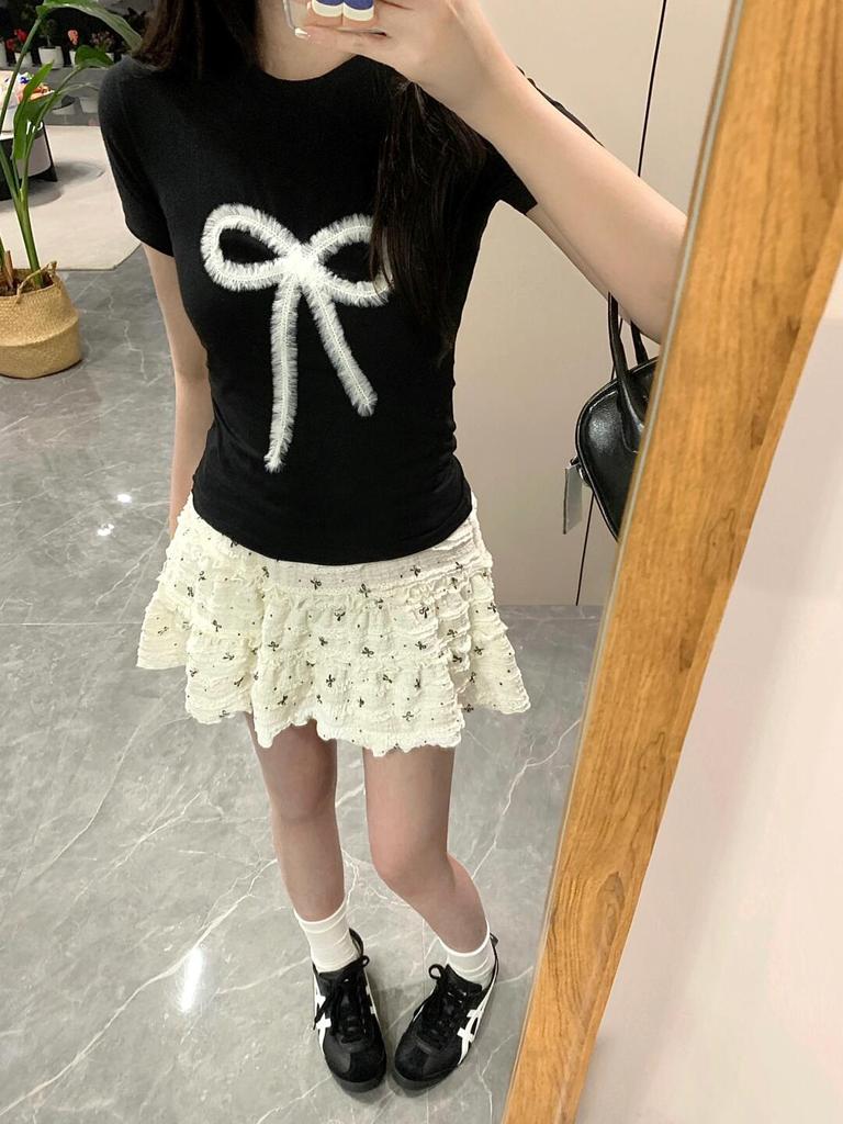 Design bow slim and thin short-sleeved T-shirt summer new niche ins fashion chic Spice Girl top