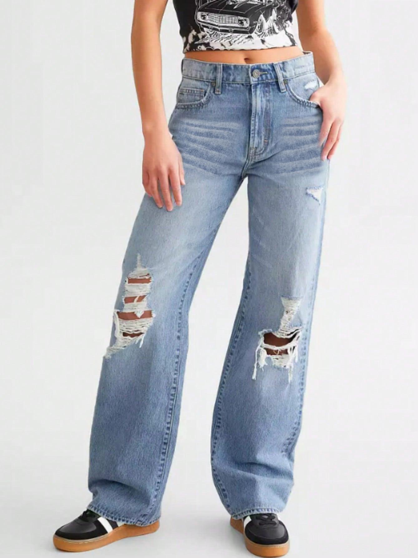 

Американские ретро женские джинсы широкие штанины рваные вареные XL светло-синий