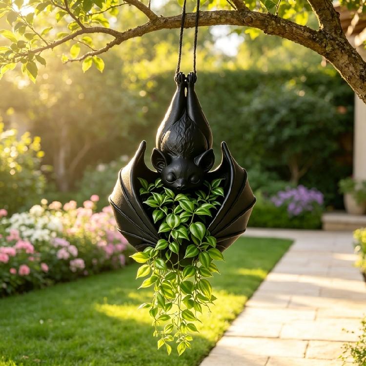 Black Flower Pot With Bat Form and Hanging Cord, Gothicism Bat Planter for Small Foliage, Trailing Foliage and Vertical Indoor Displays for Room Use