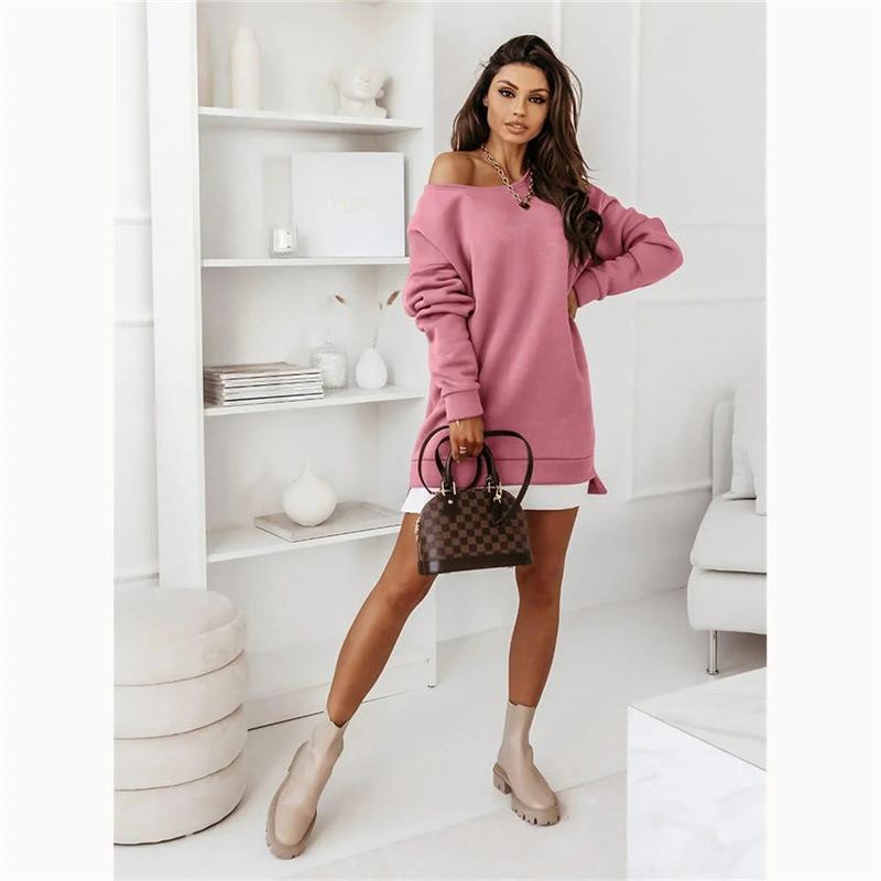 Dámské jednobarevné midi šaty s kulatým výstřihem, pouliční hipsterský pulovr, bavlněné mikinové šaty