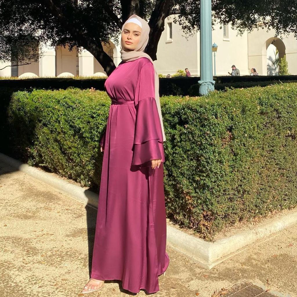 Women's Fashion Solid Color  Long Sleeve Satin Soft Waist And  Dress