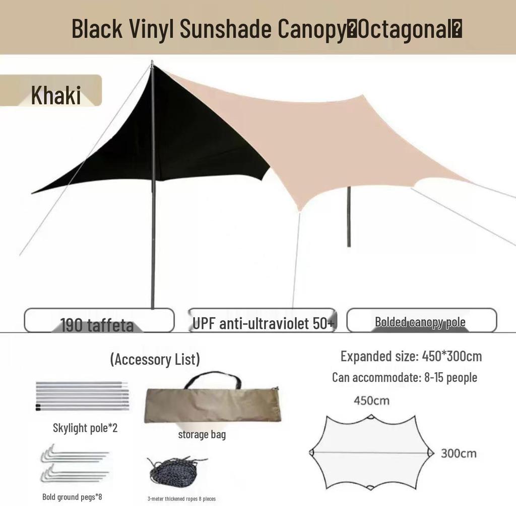 Forest Bee Outdoor Schwarzes Vinyl Campingzelt mit Regenschutz und Sonnenschutz, Sechseckiges/Achteckiges Schmetterlingsdesign, Silberbeschichtet.