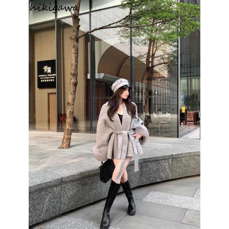 Fashion Coats for Women Patchwork Furry Long Sleeve Bandage Outwear Korean Y2k Clothing Korean Temperament Solid Color Jackets