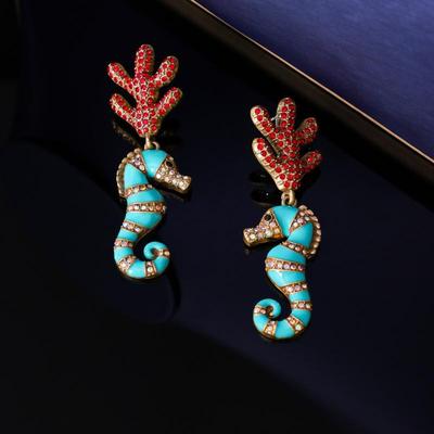 [HF]#1Coppia Orecchini Vintage con Micro Diamanti per Donna Cavalluccio Marino Corallo Smalto Gioielli Regalo Accessori Eleganti di Alta Qualità