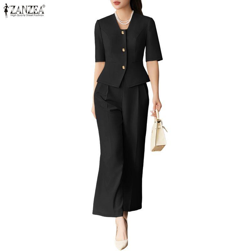 ZANZEA Women Short Sleeve Blouse and Cropped Pants Classic Two Piece Suit Sets