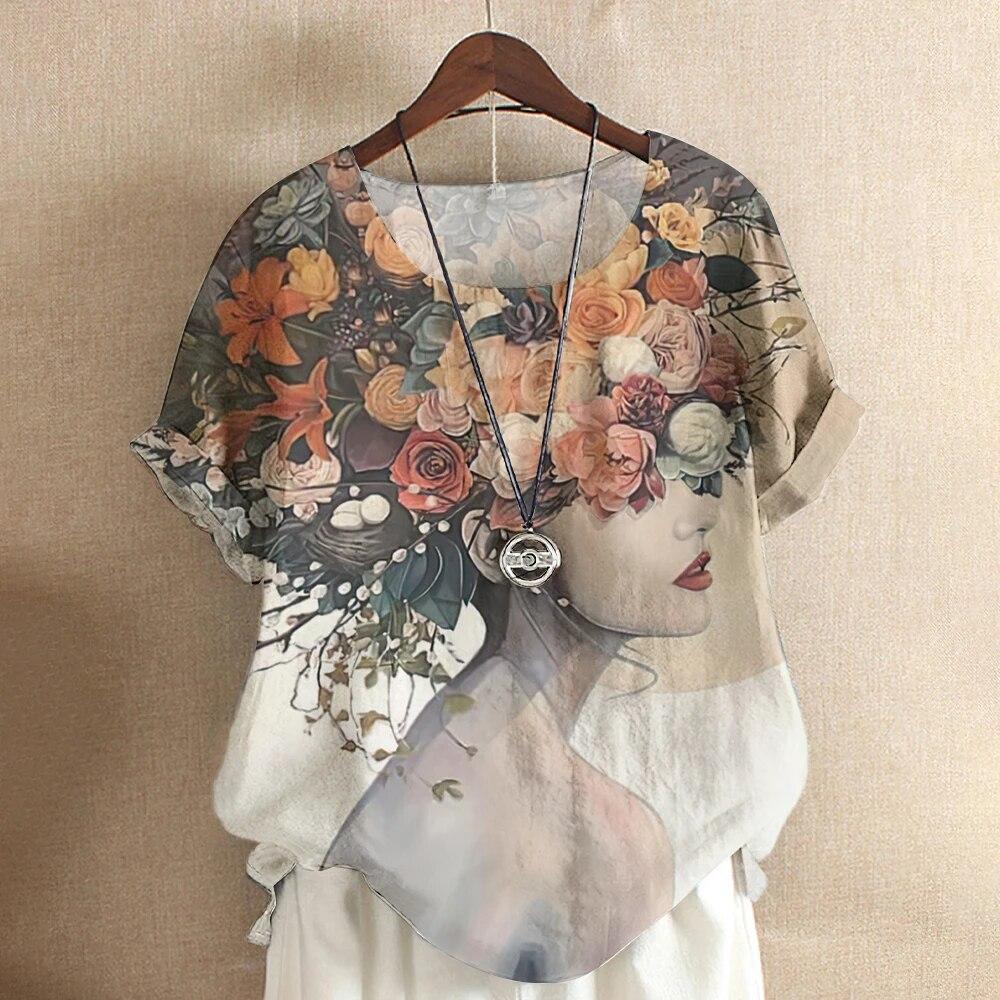 Kunst Ansikt Bluse Dame T-skjorte Mote Kortermet Tees Blomstertrykk Topper O-Hals Kule Jenter Klær Sommer Casual Genser