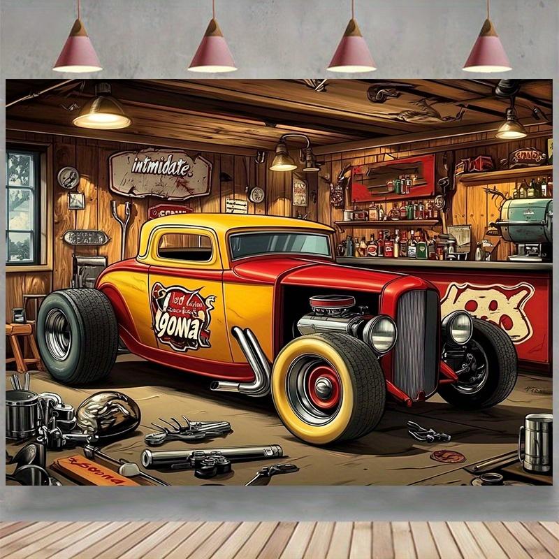 Stendardo 2D 1 pezzo tema garage retrò adatto per fotografia e decorazione festa - Hot rod rosso adatto per molte occasioni