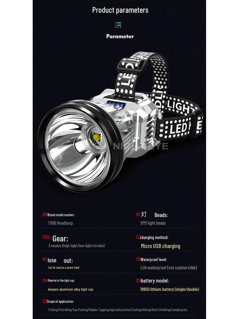 High-Brightness Waterproof Headlamp: Multifunctional, Long Battery Life, Electric Display—Ideal for Outdoor, Emergency, and Fishing Use