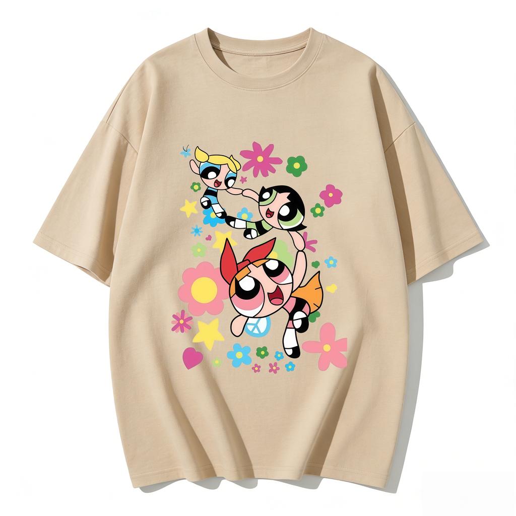2026 Sommer Niedliche Powerpuff Girls Familien-Matching T-Shirts Cartoon-Druck Baumwoll-T-Shirts Lässige Kurzarm-Oberteile für Kinder und Erwachsene